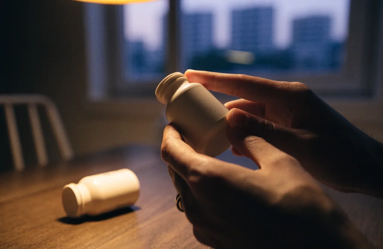 Two hands comparing plain supplement containers under warm lamp light on a dark worktop