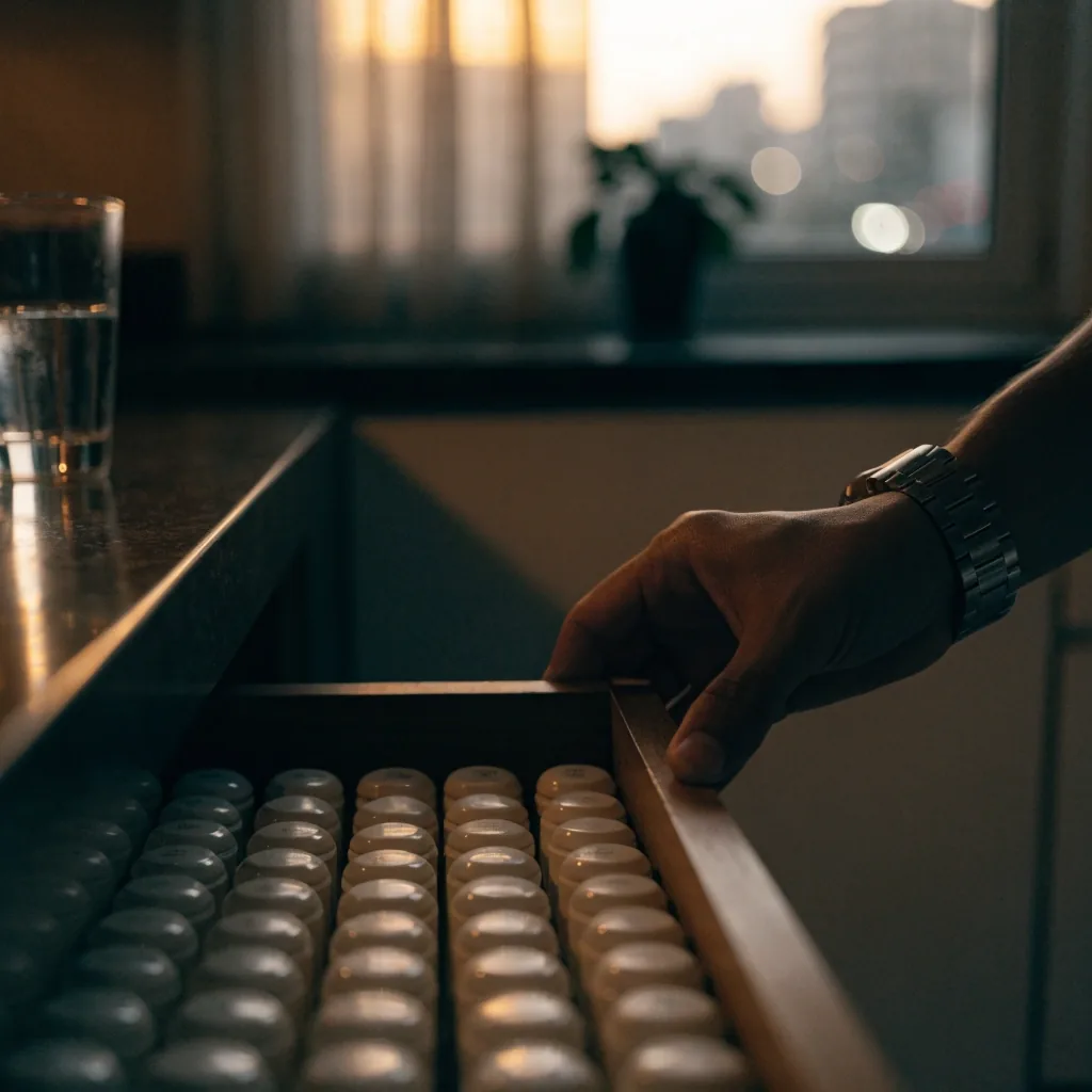 A hand resting on an open kitchen drawer of unlabeled matte supplement containers beside a glass of water at dusk