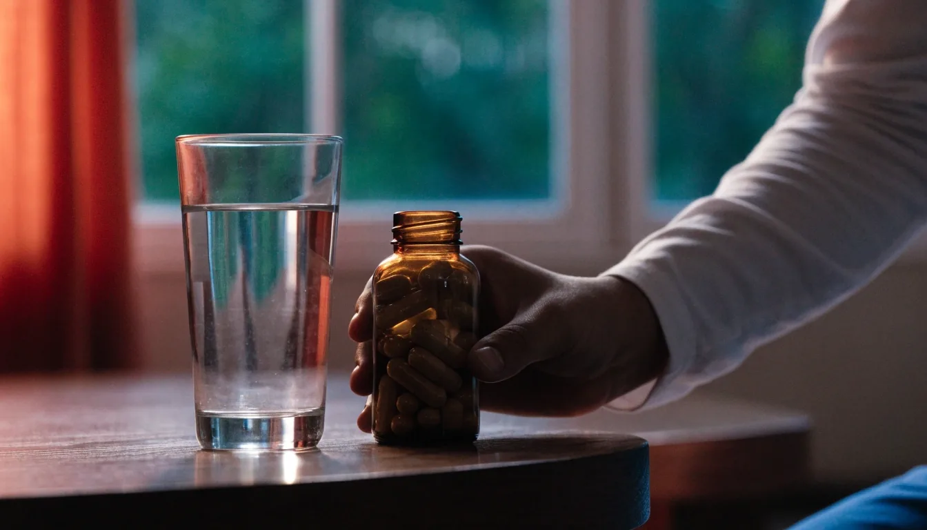A dusk-lit Jakarta kitchen counter with a glass of water, a small saucer and a hand resting beside an unlabelled container