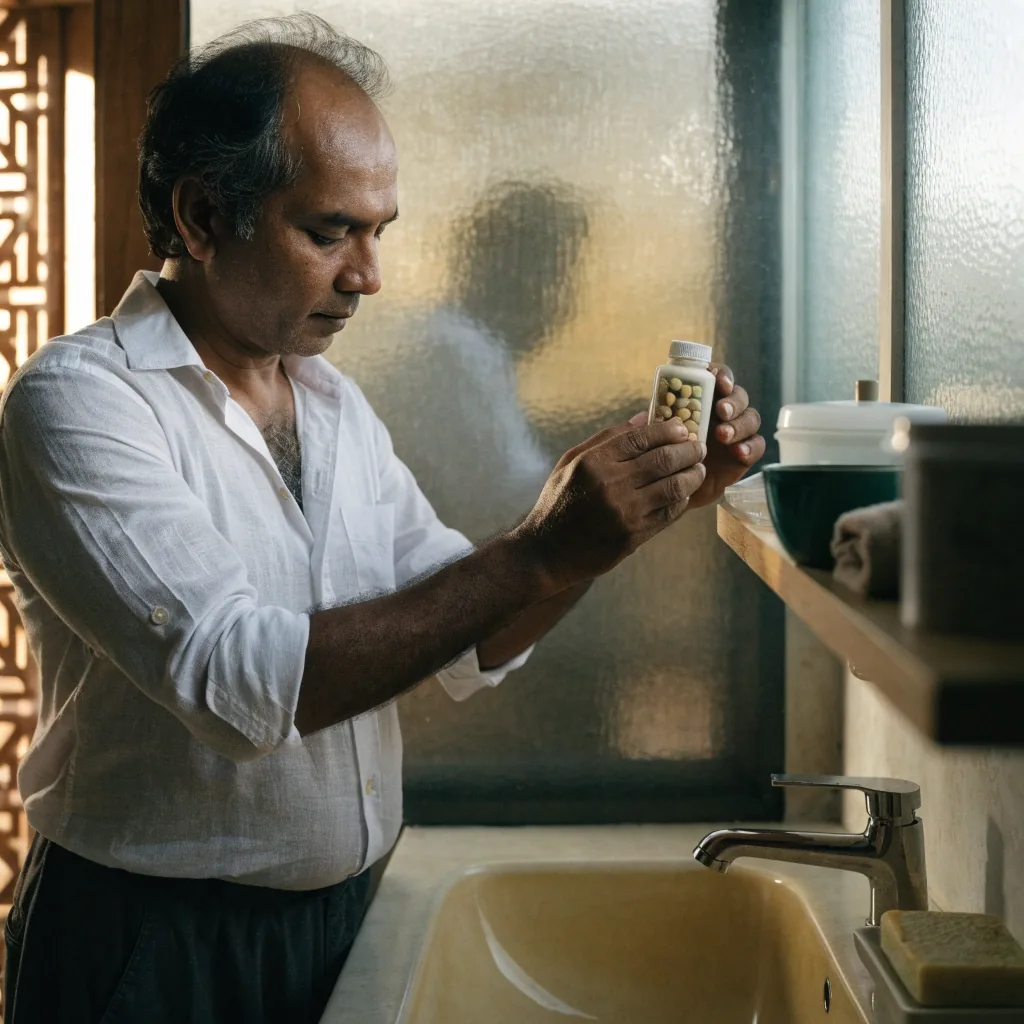A hand placing a plain supplement container into a wooden drawer beside a glass of water